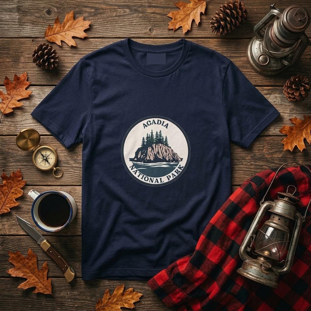 Acadia National Park T-Shirt, Maine Forest Cliff Badge Tee, Hiking Souvenir