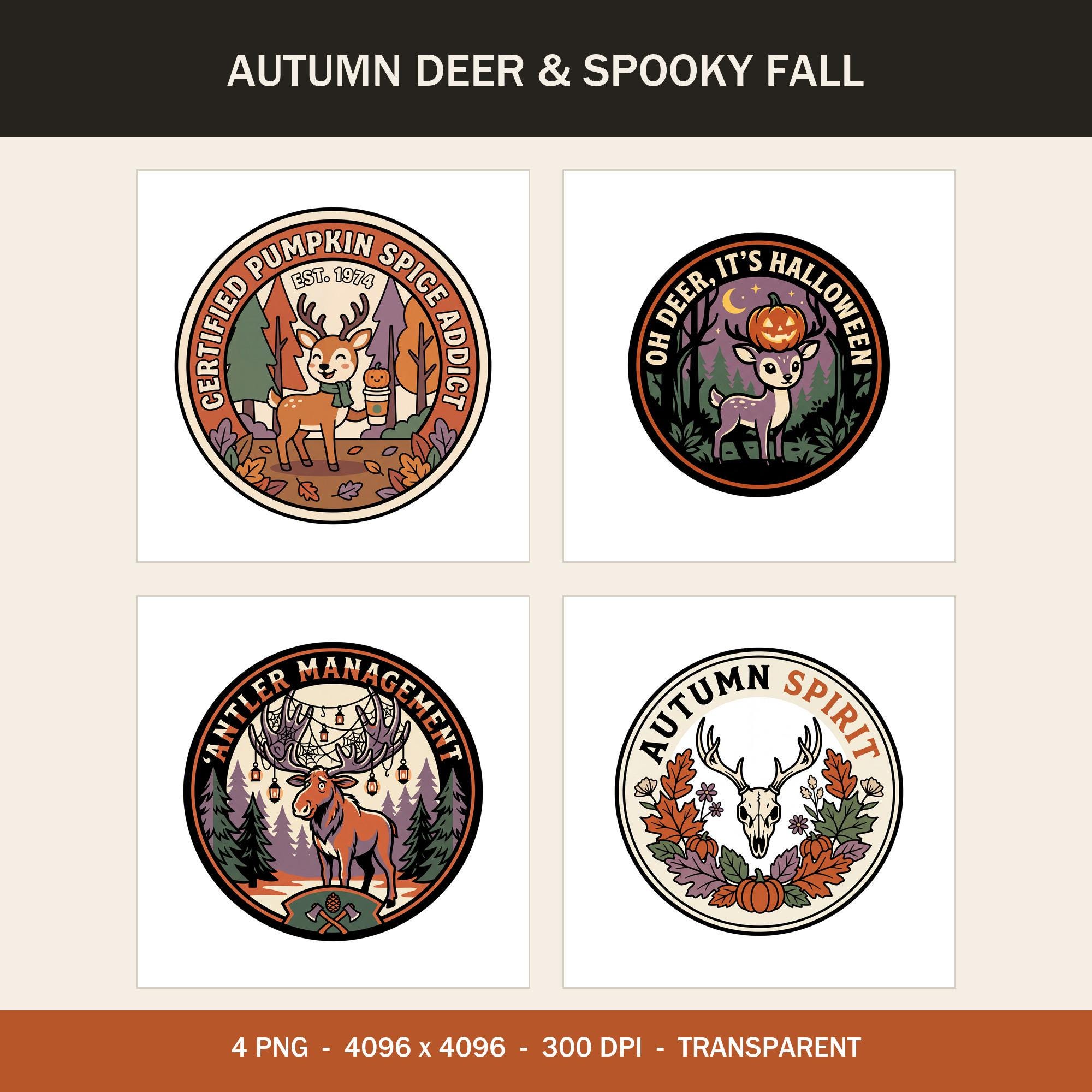 Autumn Deer Halloween PNG Bundle, Retro Outdoor Badge Style (Instant Download)