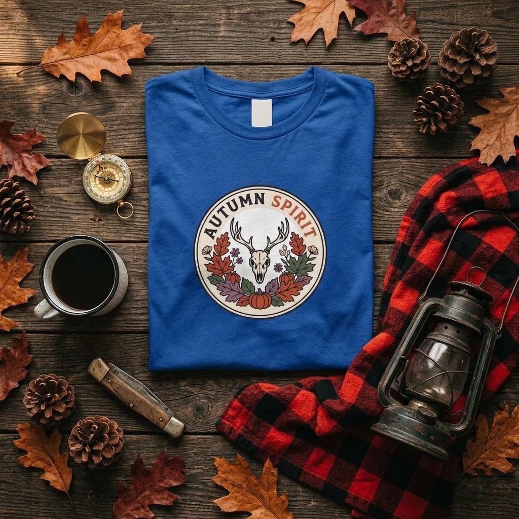 Autumn Spirit Deer Skull Tee, Woodland Fall Leaves Pumpkin Shirt (Cotton)
