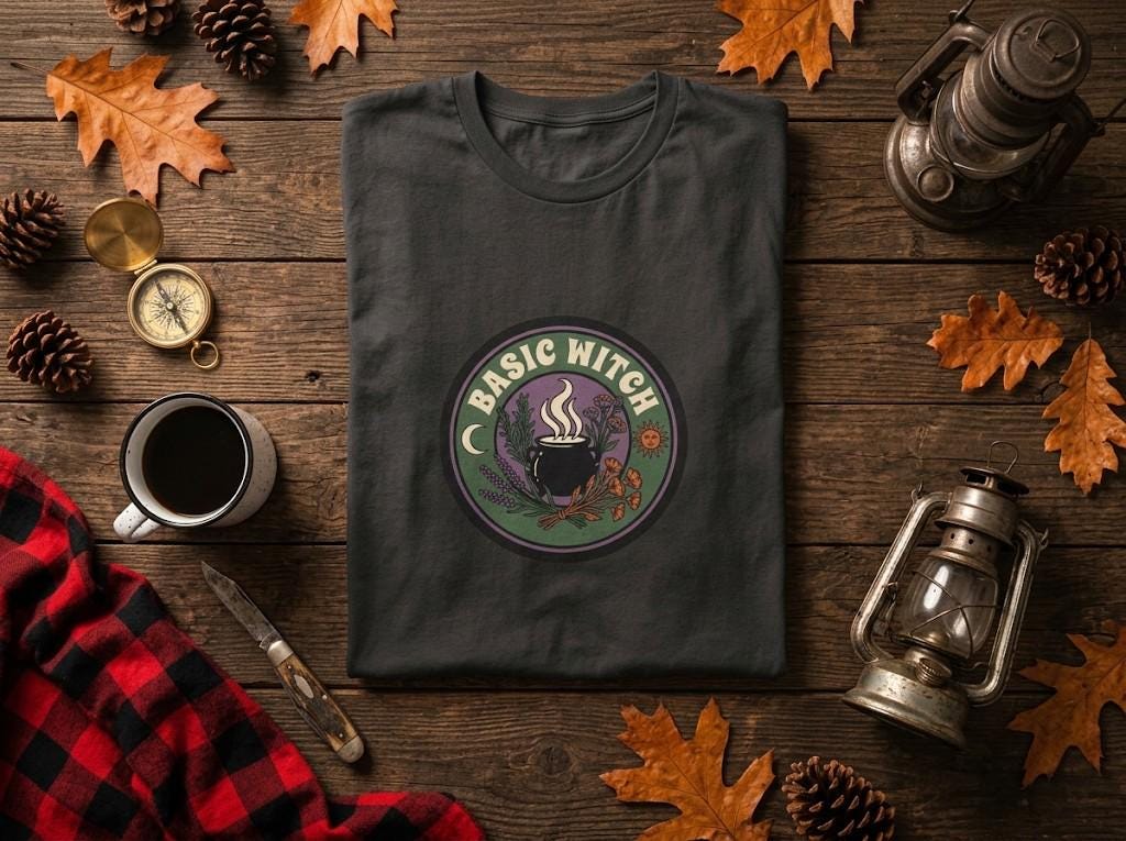 Basic Witch Shirt, Cauldron Herbs Pumpkin Badge Tee, Cottagecore Halloween Gift