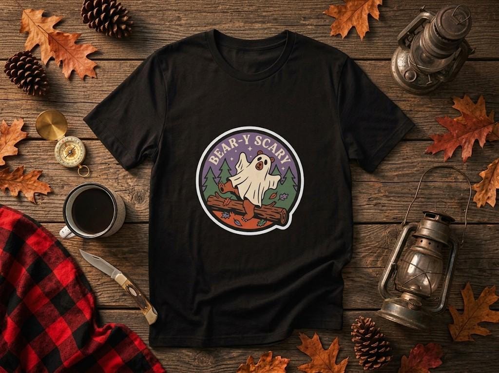 Bear-y Scary Ghost Bear Forest Tee, Spooky Camping Shirt, Ring-Spun Cotton