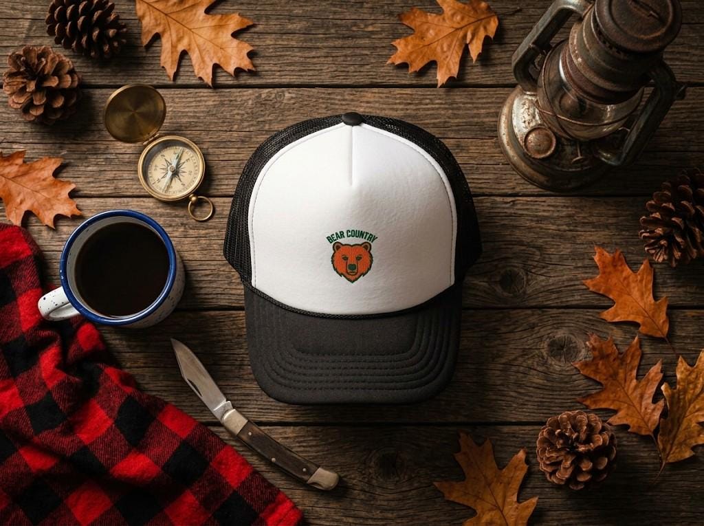 Bear University Trucker Hat, Embroidered Bear Patch Mesh Cap, Retro Collegiate Hat, Outdoor Camping Cap, Gift for Him