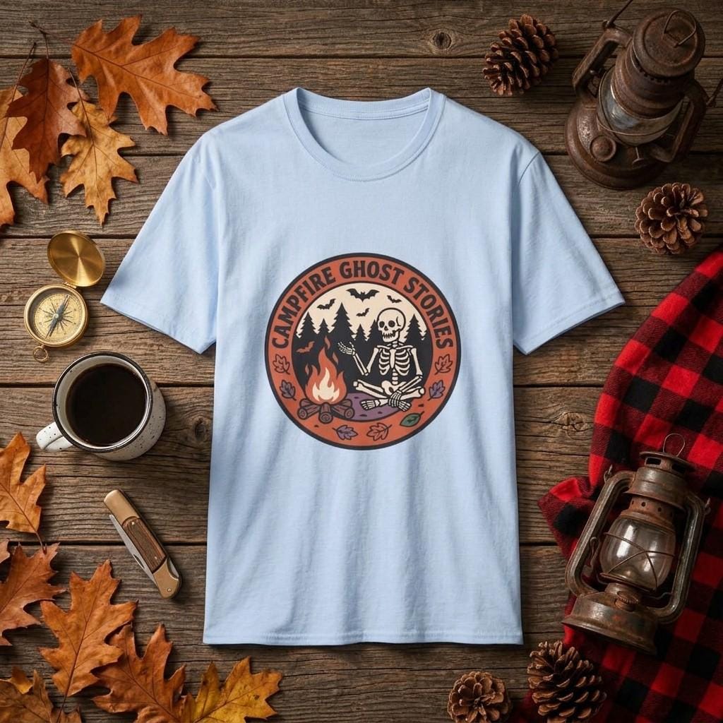 Campfire Ghost Stories Tee, Skeleton Bats, Vintage Halloween Shirt