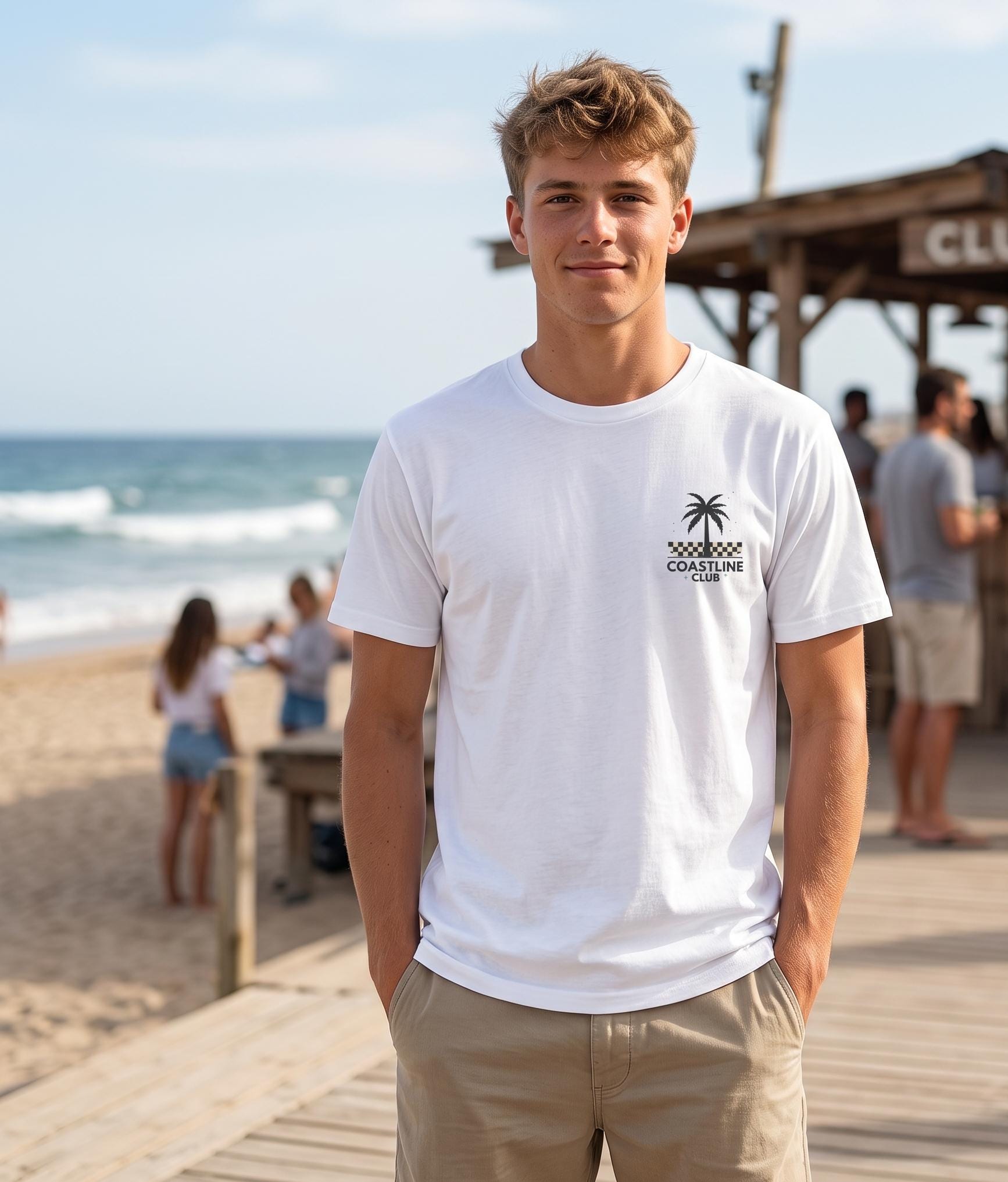 Coastline Club Palm Tree Tee, Checkerboard Shoreline, Retro Summer Shirt