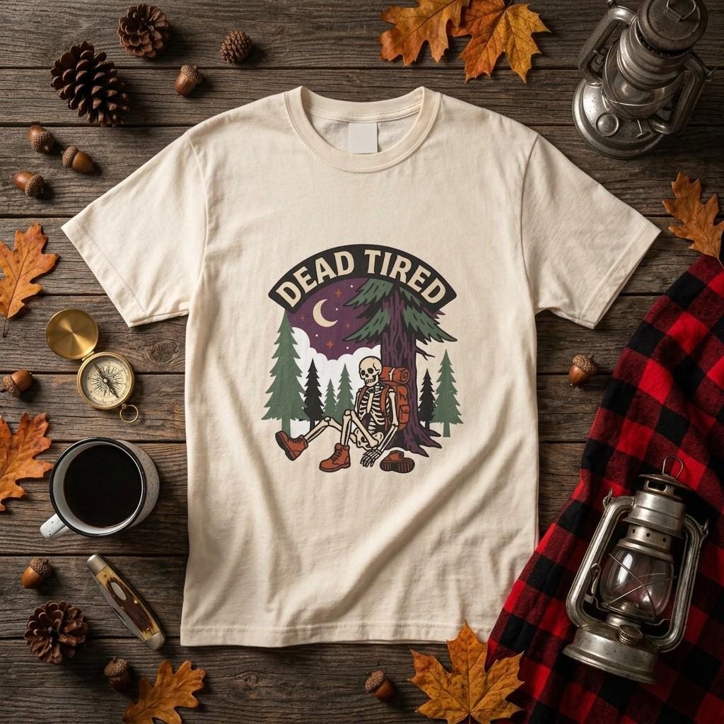 Comfort Colors Dead Tired Skeleton Camping Shirt, Funny Camping Gift, Campfire Graphic Tee, Retro Hiking Halloween Shirt, Spooky Outdoor Tee
