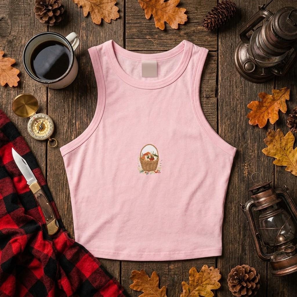 Cottagecore Autumn Harvest Tank Top, Pumpkin Floral Racerback Crop, Vintage Picnic Basket Print
