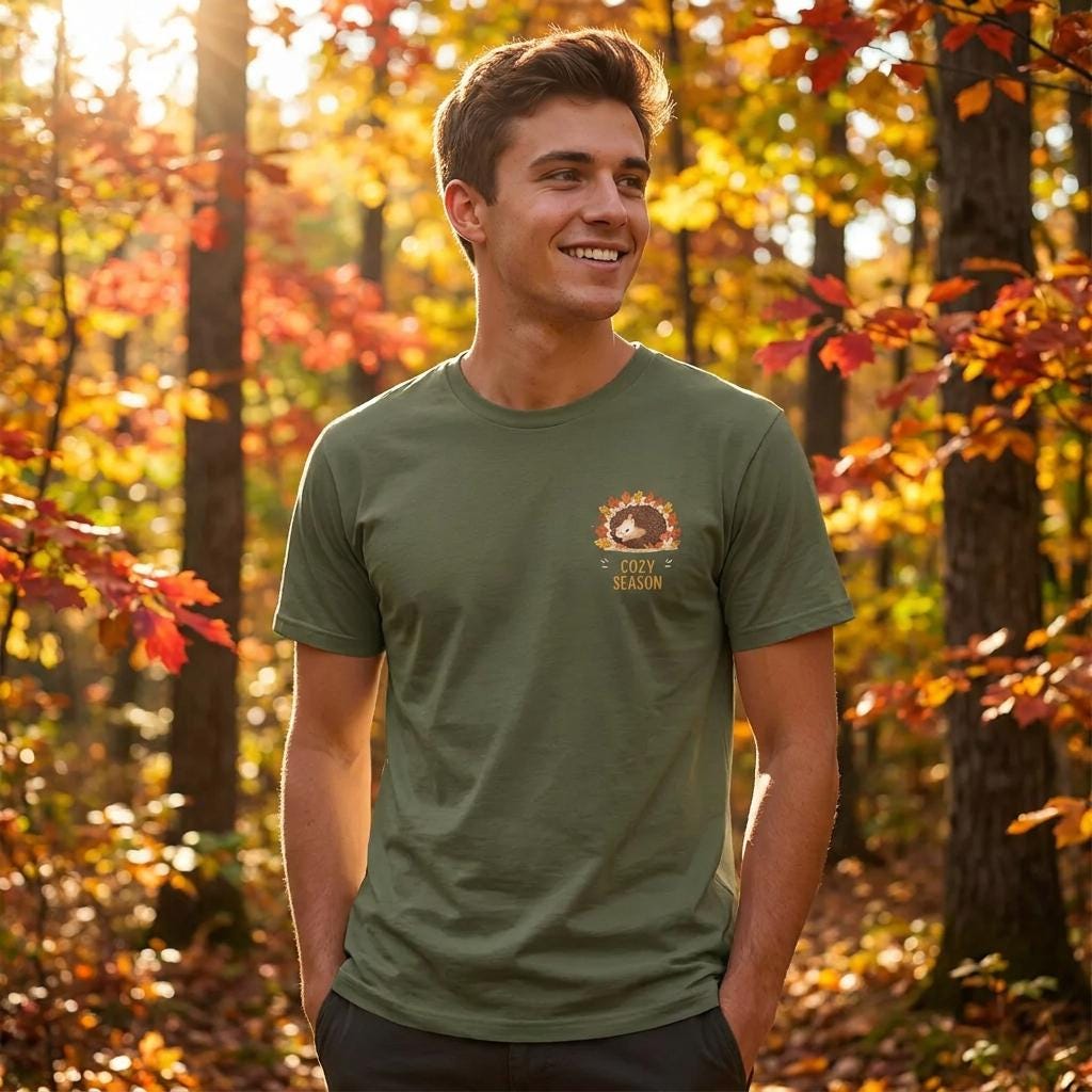 Cozy Season Hedgehog Tee, Autumn Leaves Graphic, Cottagecore Fall Shirt