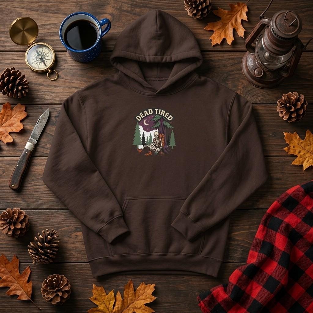 Dead Tired Camping Bear Hoodie, Forest Moon Graphic Sweatshirt, Funny Camping Gift, Hiking Pullover, Cozy Bear Lover Unisex Top