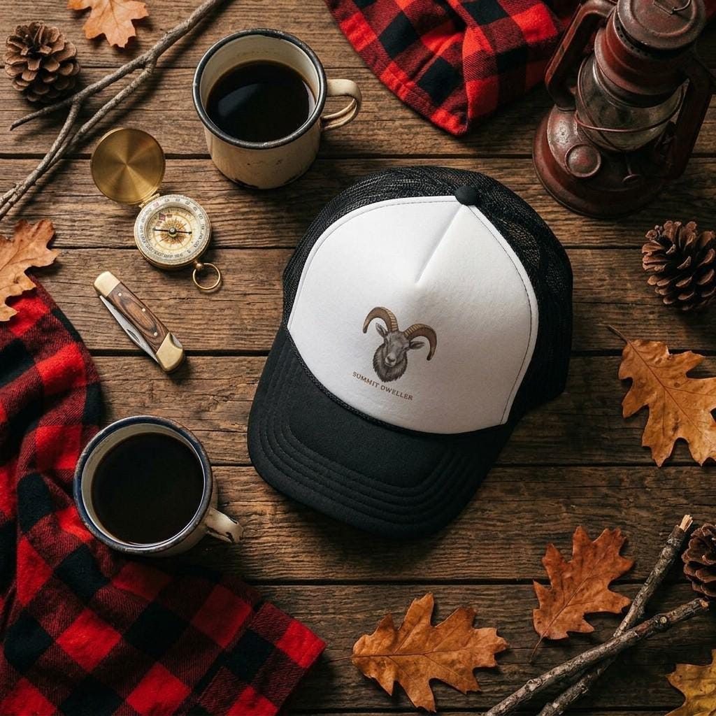 Embroidered Bighorn Sheep Trucker Hat, Outdoor Hiking Cap, Summit Dweller Gift