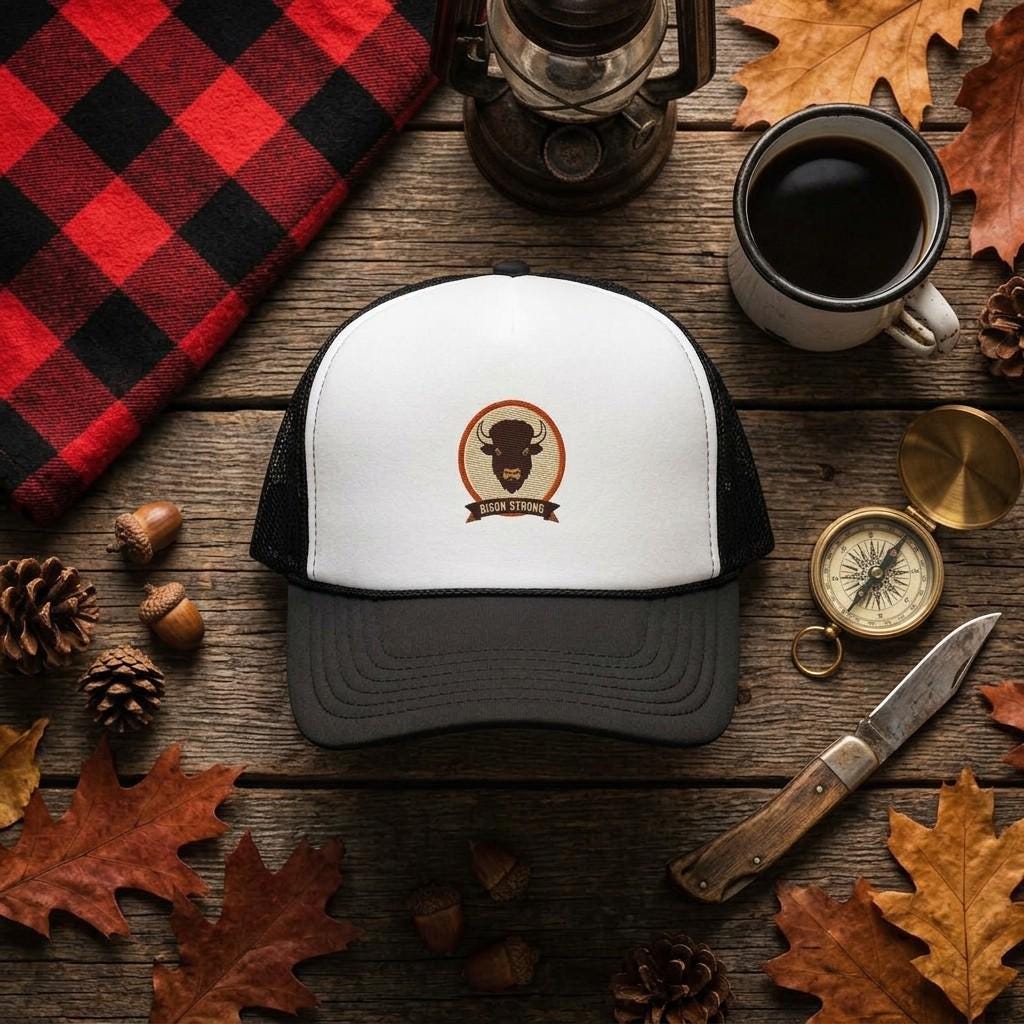 Embroidered Bison Trucker Hat, Outdoor Nature Lover Cap (Adjustable Snapback)