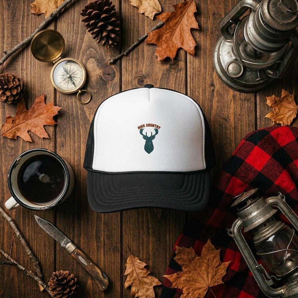 Embroidered Deer Antler Trucker Hat, Rustic Outdoor Cap, Nature Gift for Him