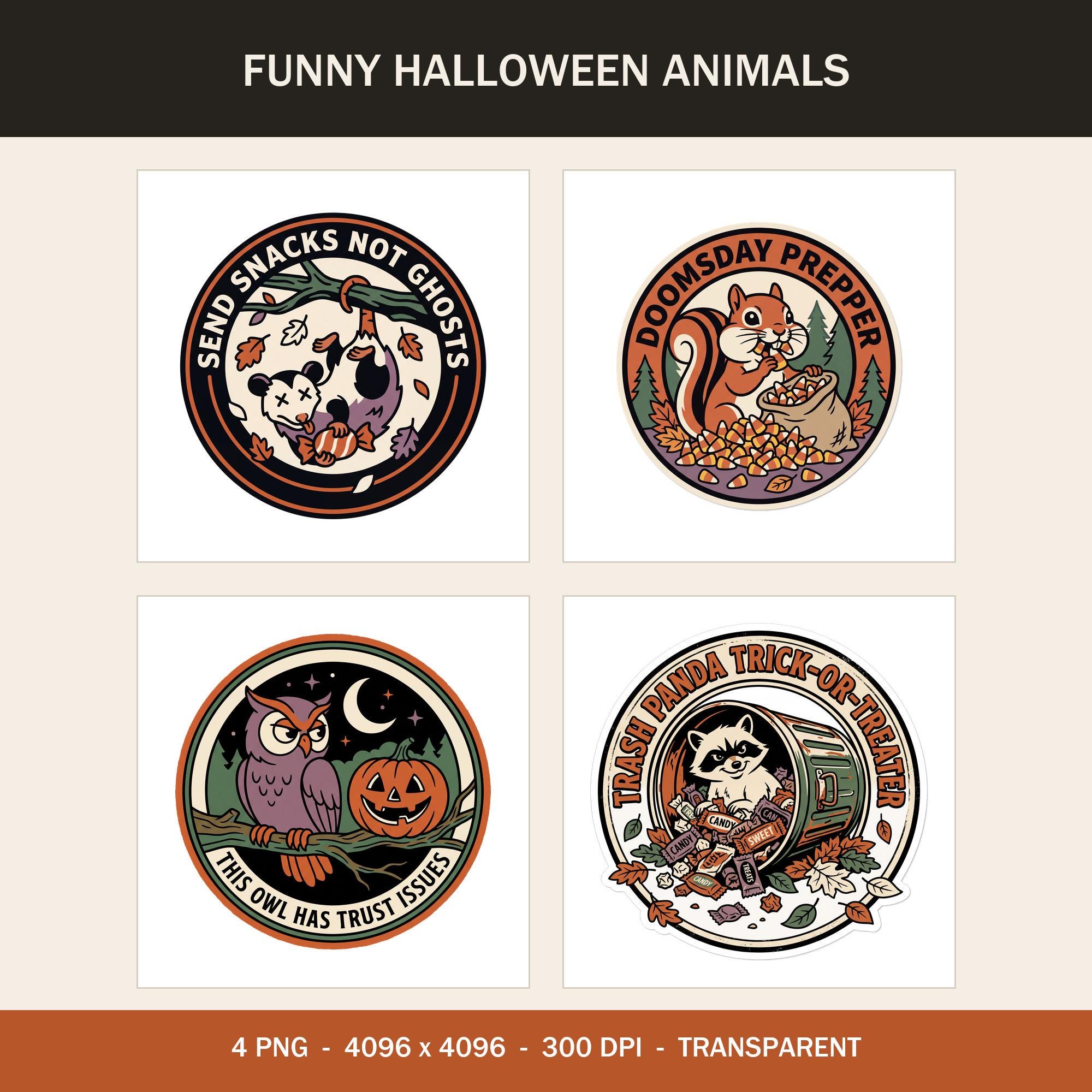 Funny Halloween Animal PNG Bundle, Retro Badge Sublimation Design (Digital Download)