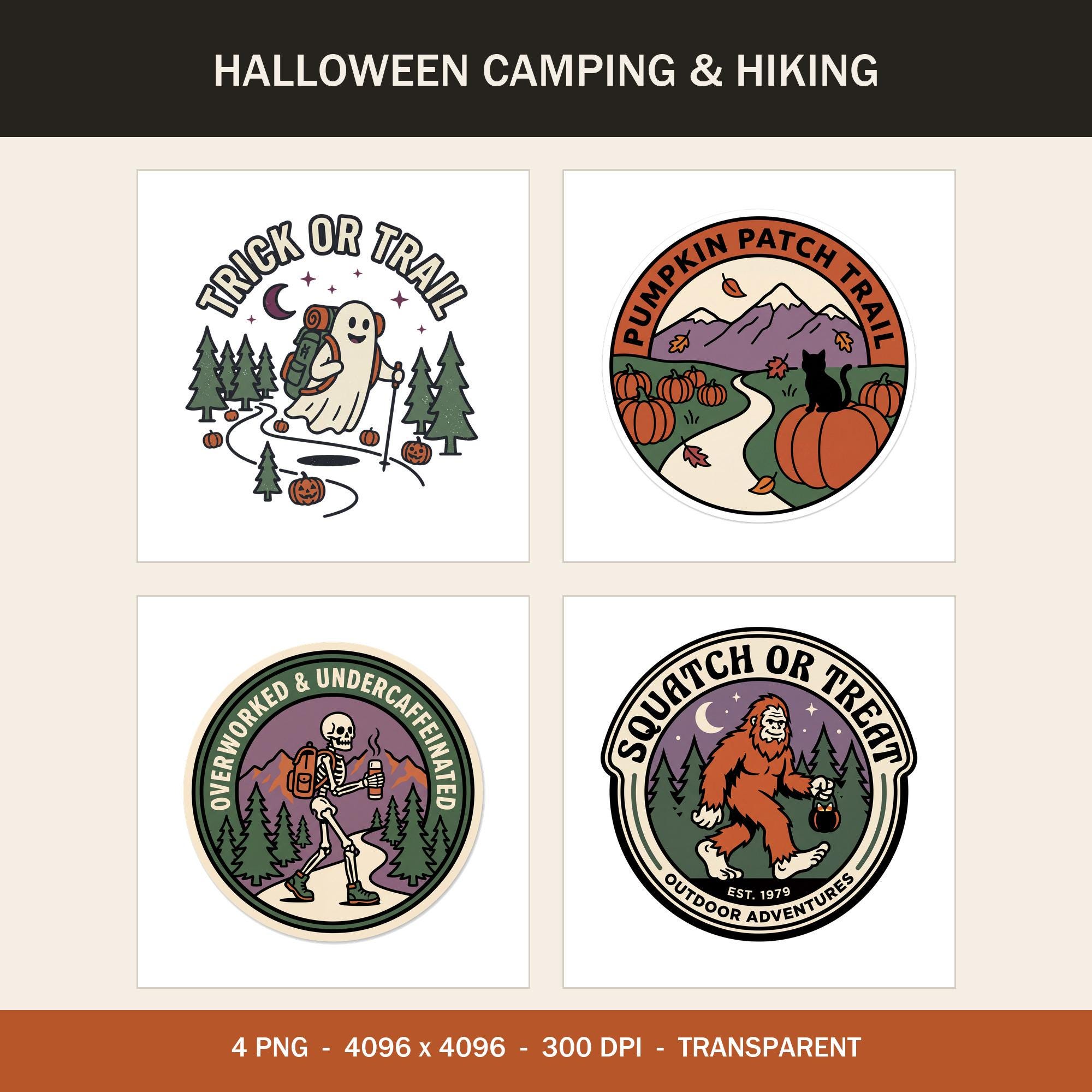 Halloween Camping Hiking PNG Bundle, Retro Outdoor Badges, Ghost Bigfoot Clipart (Digital Download)