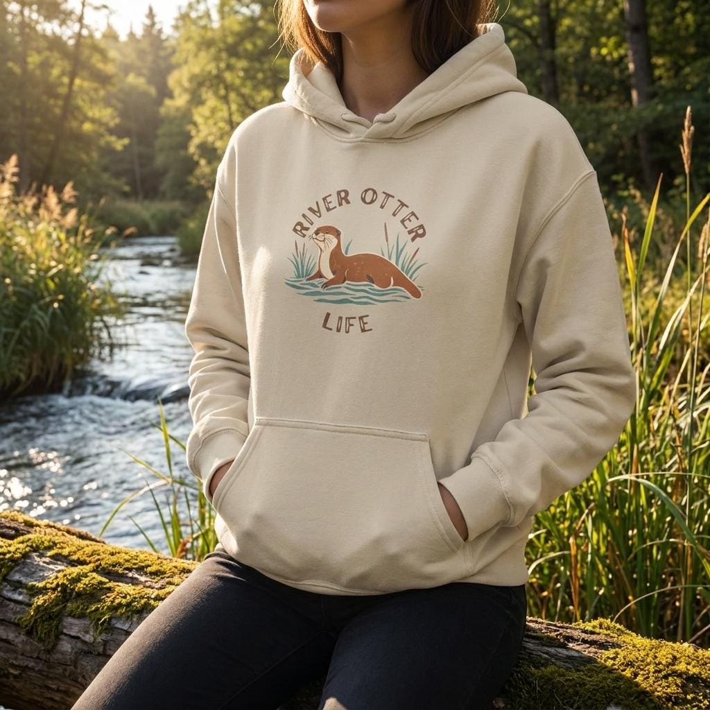 Hand Drawn River Otter Hoodie, Nature Lover Gift, Cozy Cotton-Poly Sweatshirt