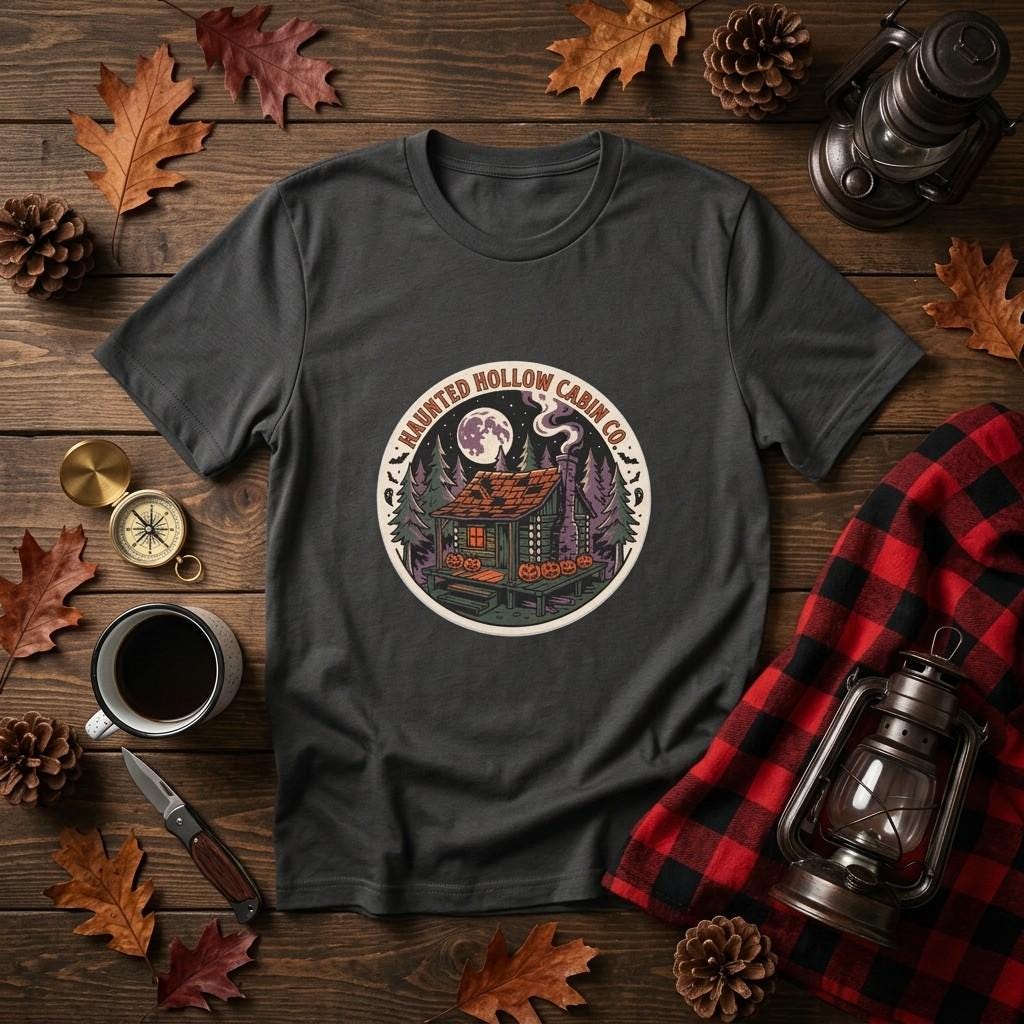 Haunted Hollow Cabin Shirt, Moonlit Forest Retro Tee, Spooky Season Gift