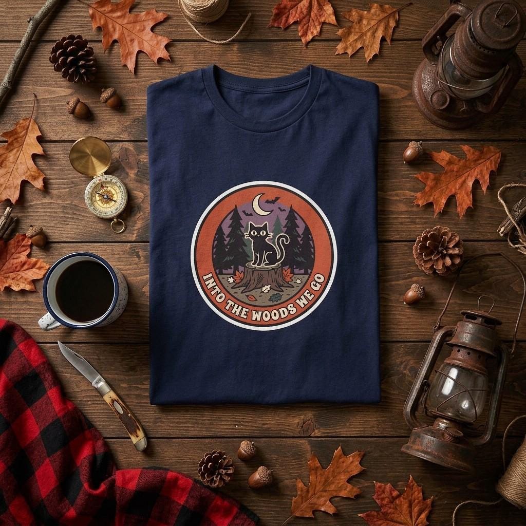 Into the Woods Cat Shirt, Night Forest Moon Retro Camp Tee, Cottagecore Camping T-Shirt