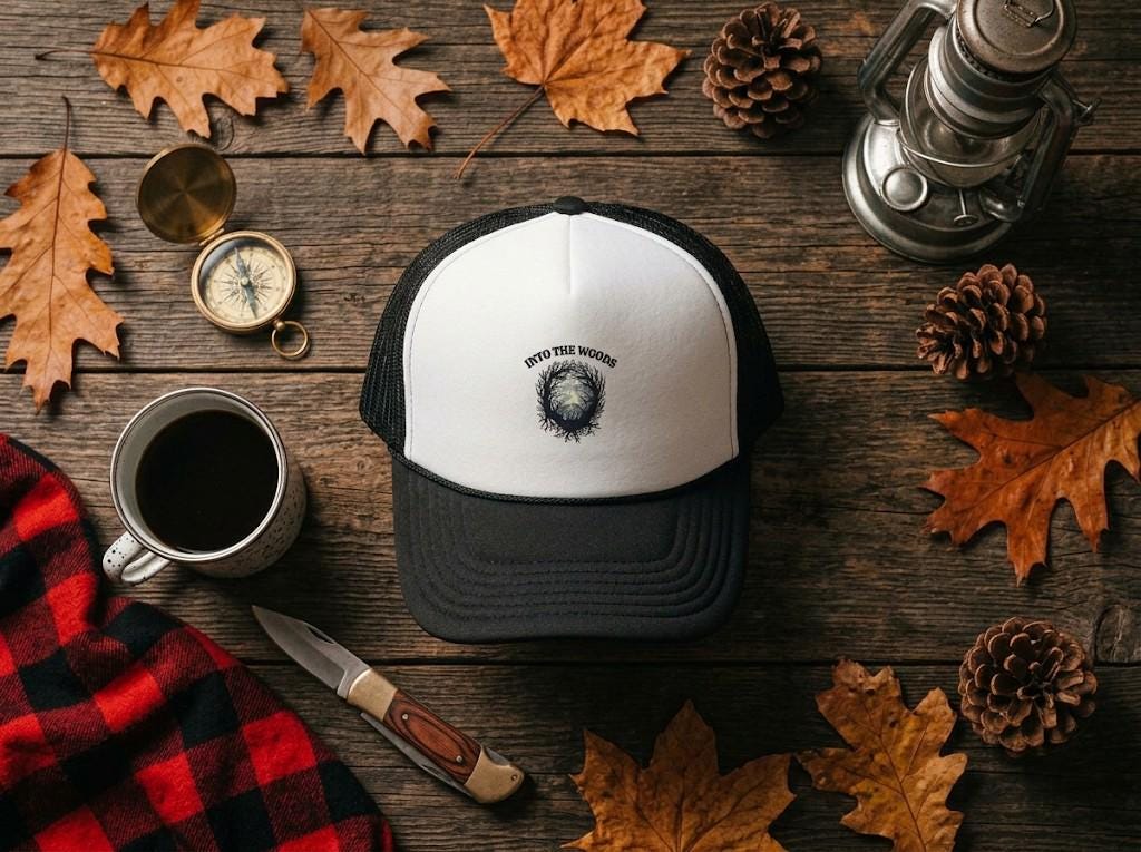 Into the Woods Trucker Hat, Embroidered Moonlit Tree Badge, Cottagecore Nature Cap