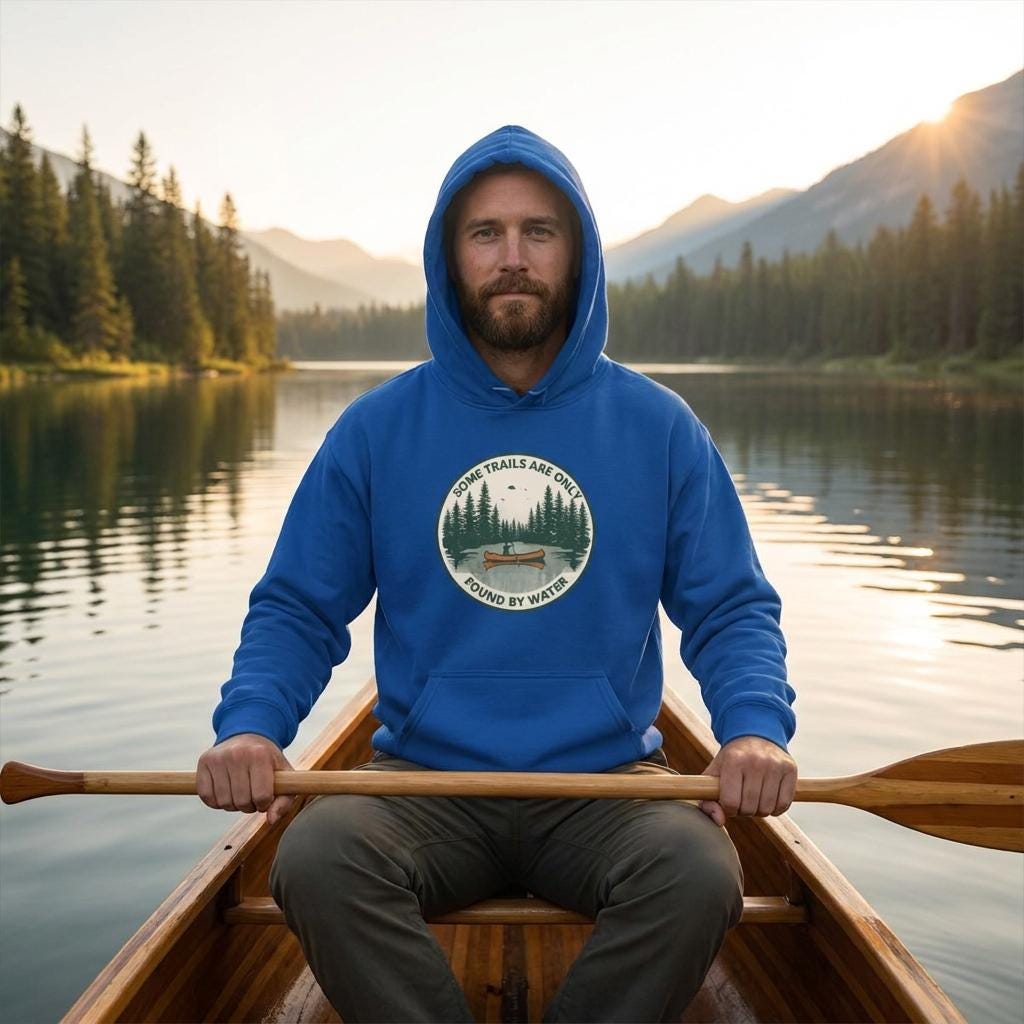 Lake Canoe Hoodie, Forest Scenic Print, Cozy Outdoor Sweatshirt (50/50 Cotton-Poly)