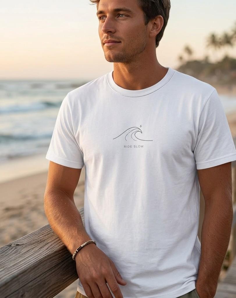 Minimal Wave Line Art T-Shirt, Coastal Surf Tee, Lightweight Cotton (Ride Slow)