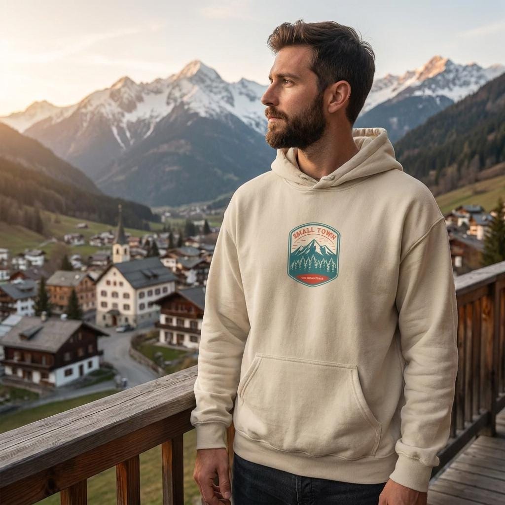 Mountain Adventure Hoodie, Vintage Emblem Sweatshirt, Cozy Outdoor Top (50/50 Cotton-Poly)