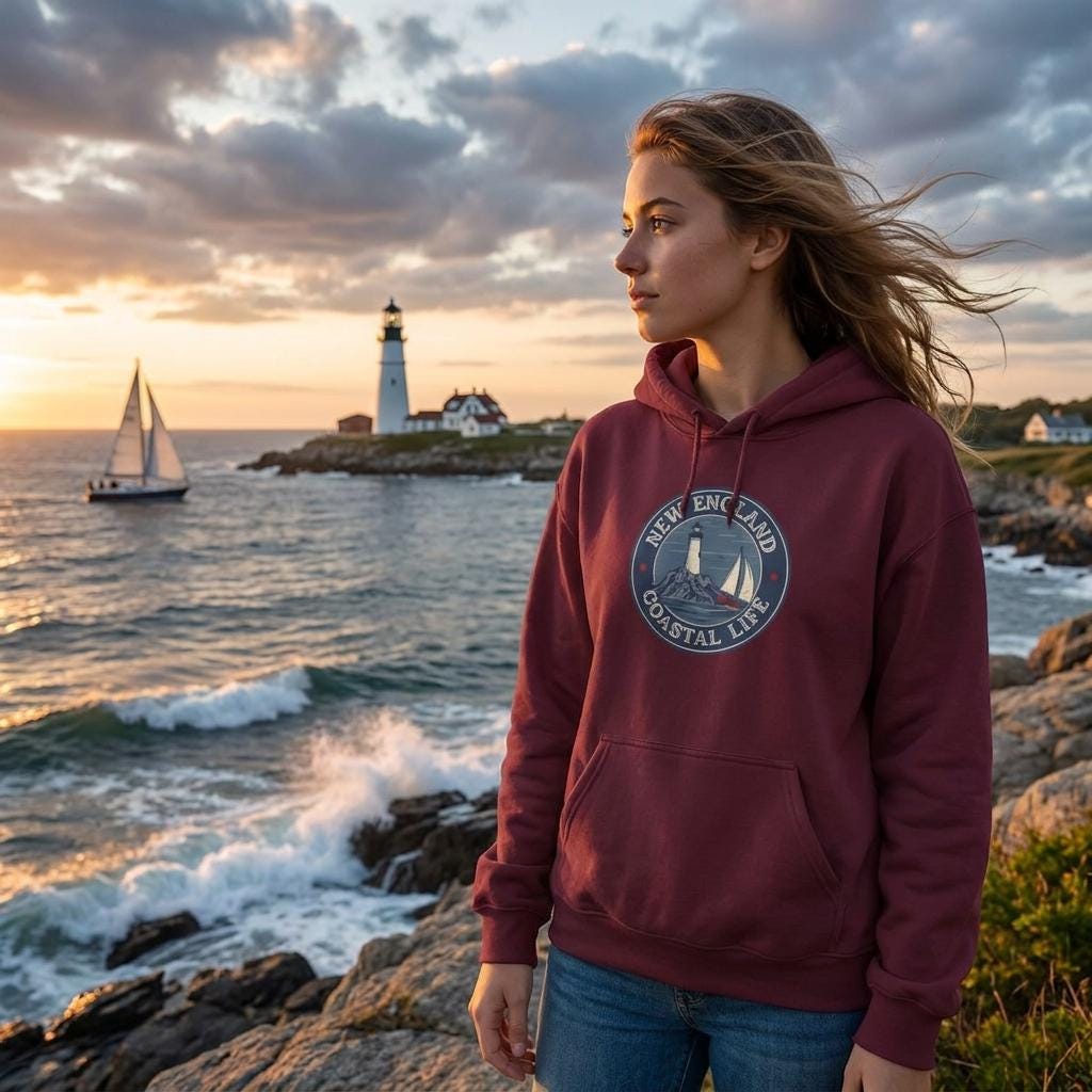 New England Coastal Hoodie, Lighthouse Sailboat Emblem, Nautical Sweatshirt (50/50 Cotton-Poly)