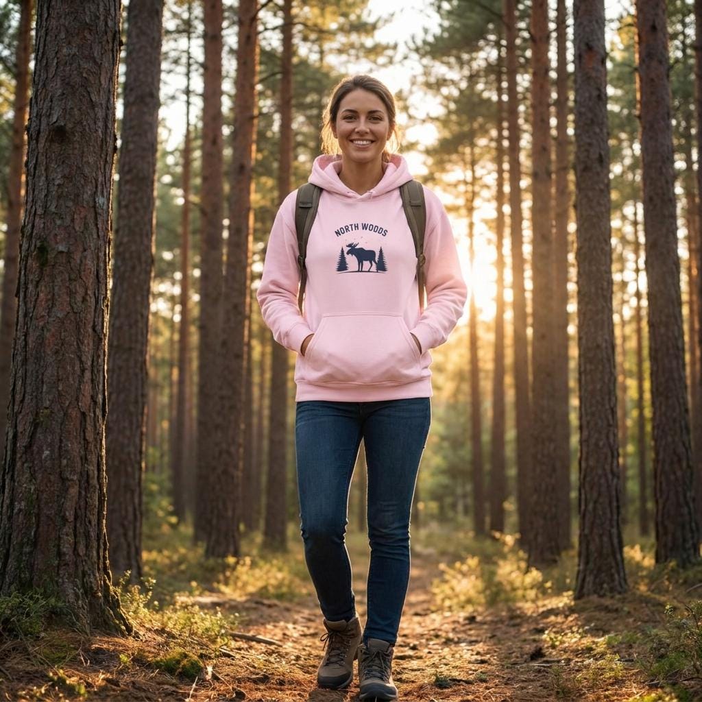 North Woods Moose Hoodie, Woodland Trees Graphic Sweatshirt, Camping Hiking Pullover
