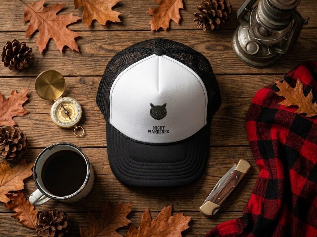 Owl Trucker Hat, Embroidered Forest Owl Mesh Cap, Night Woodland Hat, Nature Trucker Cap, Bird Lover Gift