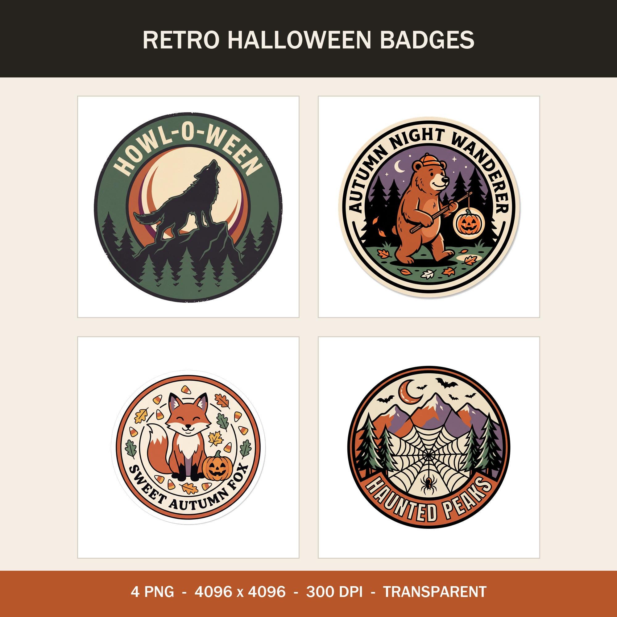 Retro Halloween Badge PNG Bundle, Werewolf, Ghost, Fox, Bear (Digital Download)