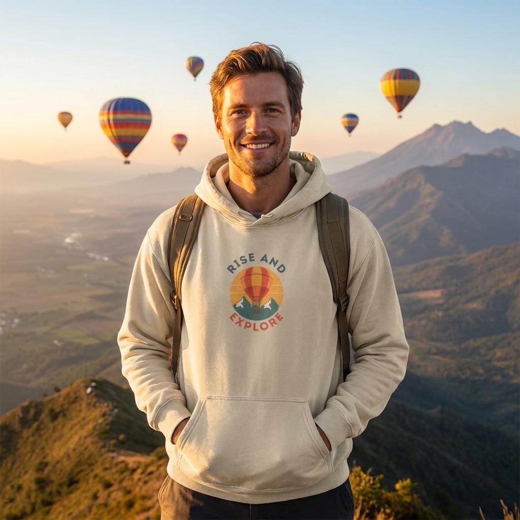 Rise and Explore Hoodie, Sunrise Hot Air Balloon Sweatshirt, Travel Adventure Pullover