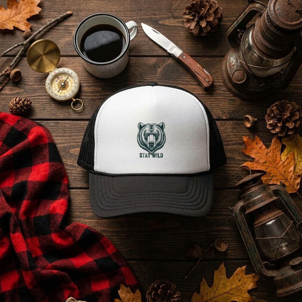 Stay Wild Embroidered Bear Trucker Hat, Outdoor Adventure Cap (7 Colors)