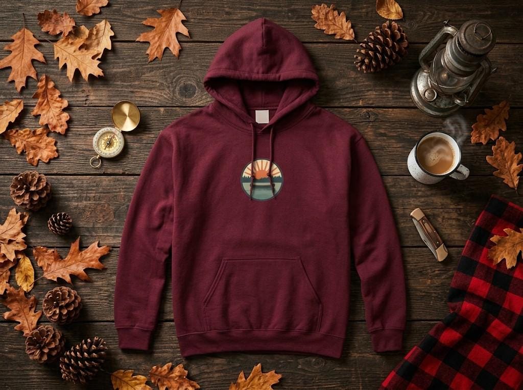 Sunset Lake Hoodie, Retro Sunrise Landscape Sweatshirt, Cozy Camping Pullover