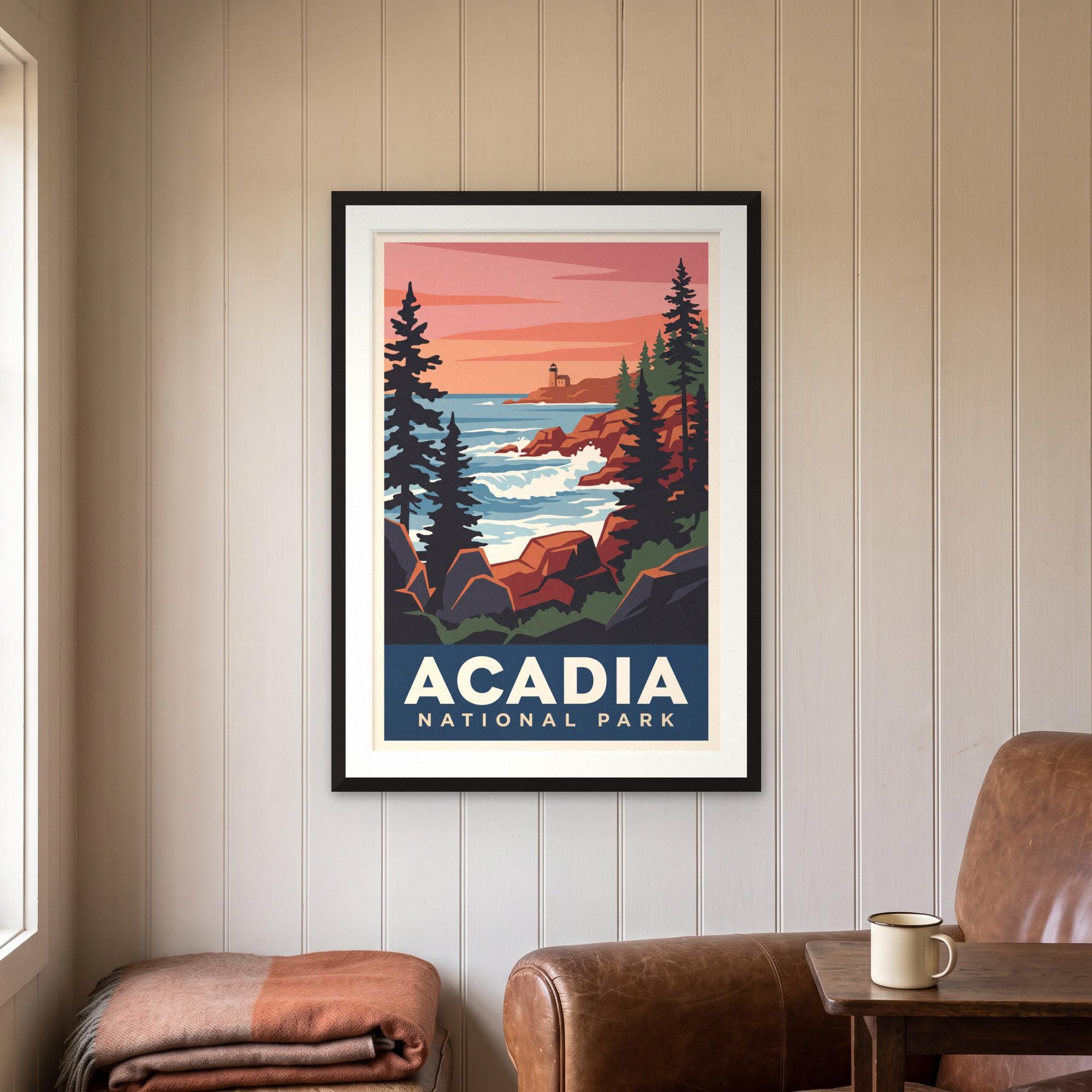 Vintage WPA Style Acadia National Park Print, Maine Coast Lighthouse Art (Digital Download)