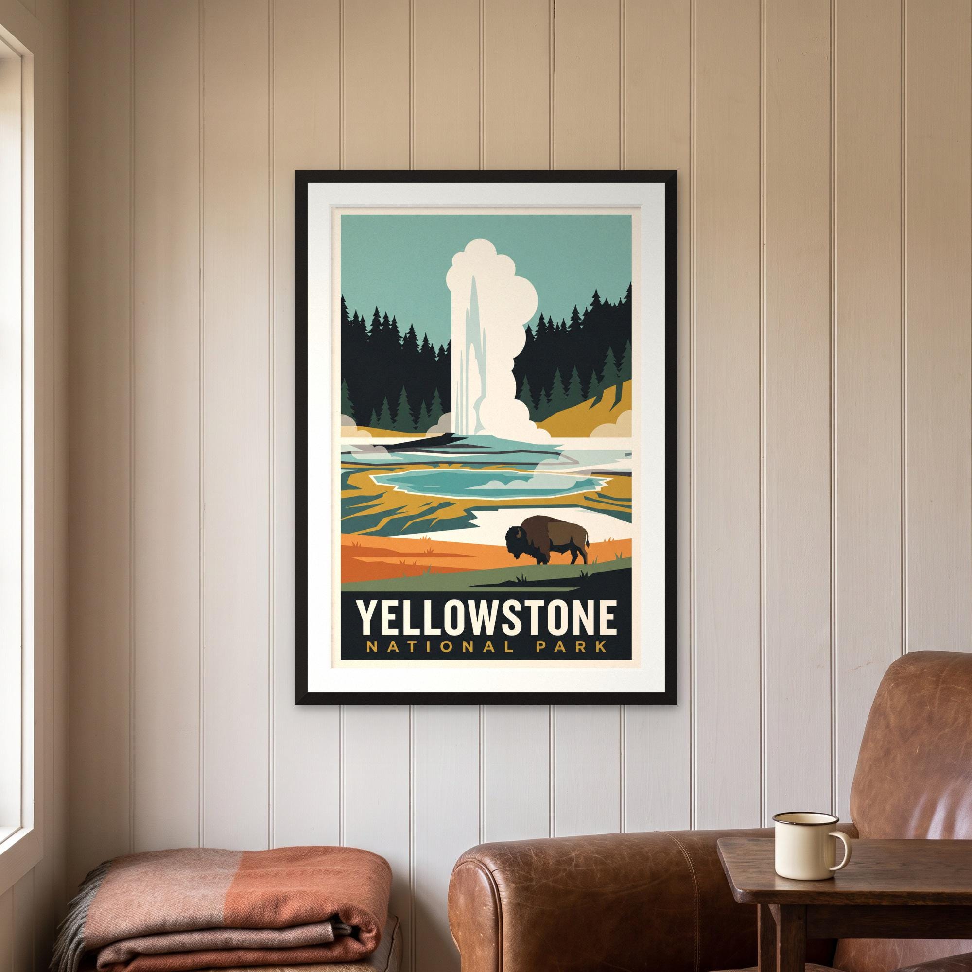 Vintage Yellowstone National Park Travel Poster, WPA Style Geyser Bison Art (Digital Download)