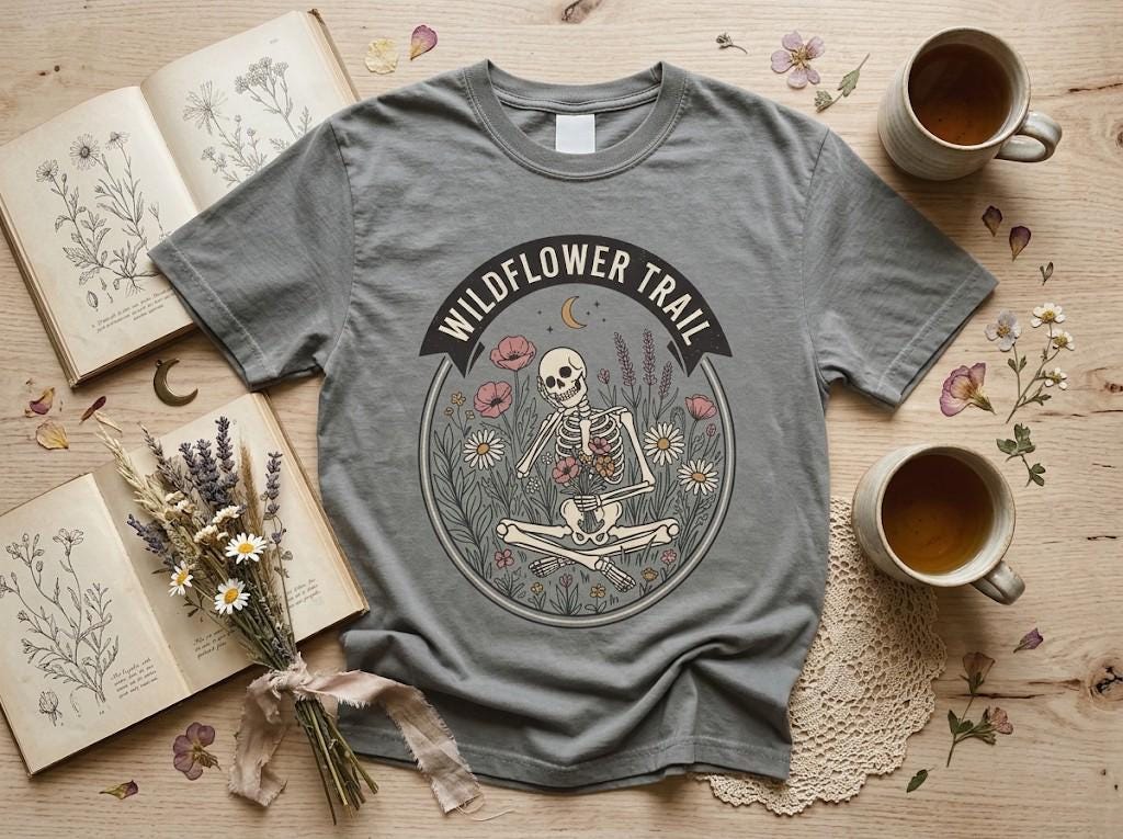 Wildflower Trail Skeleton Shirt, Cottagecore Nature Lover Tee, Floral Graphic T-Shirt