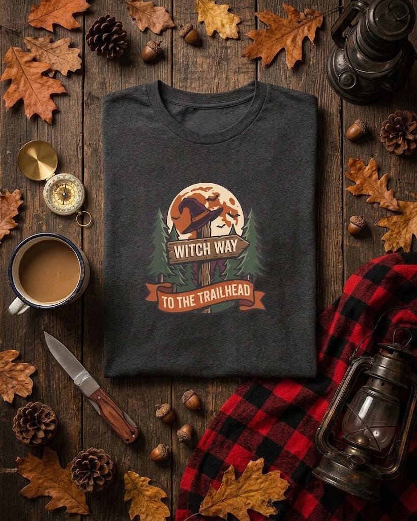 Witch Way Trail Tee, Moonlit Forest Hiking Shirt, Cottagecore Halloween Gift