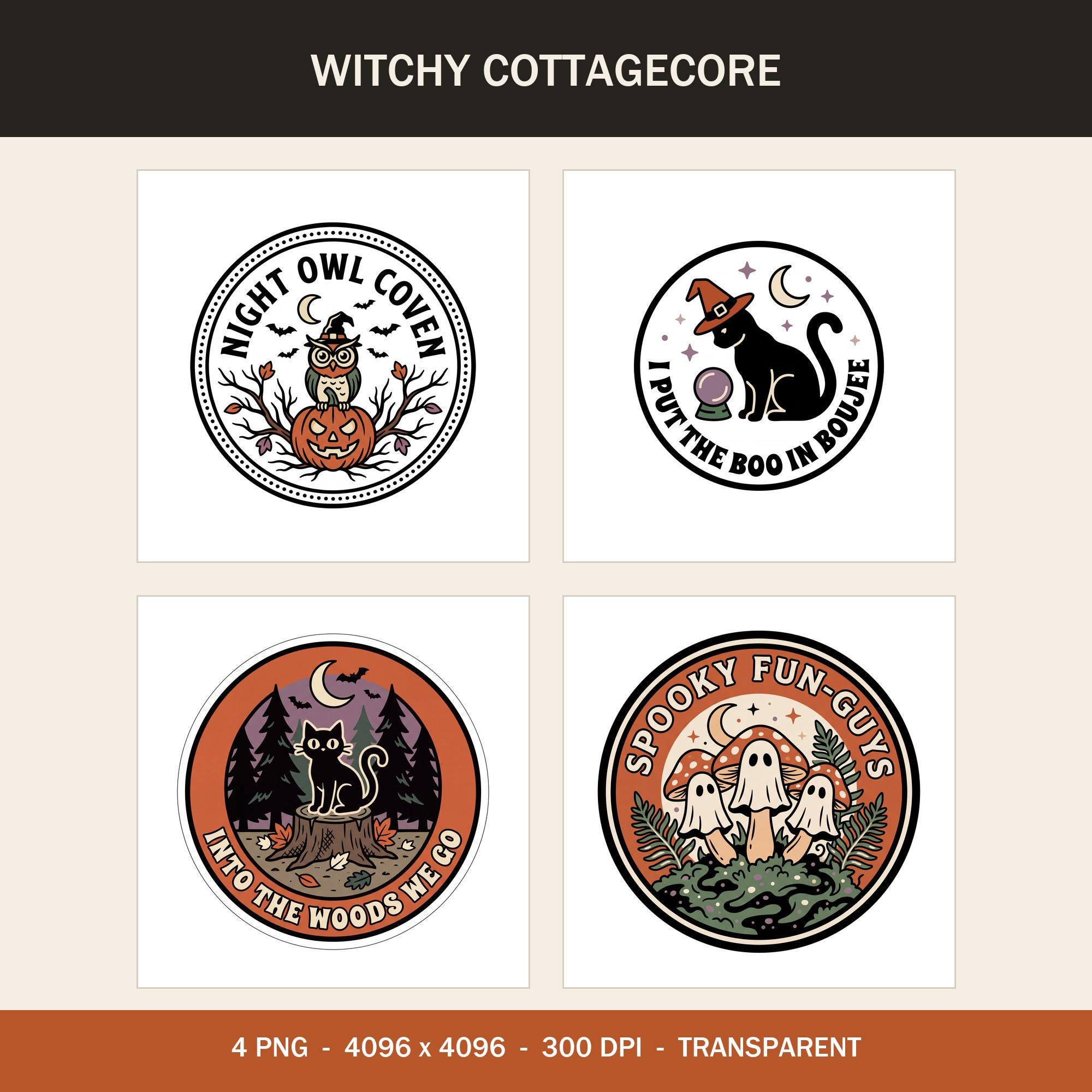 Witchy Cottagecore Halloween PNG Bundle, Retro Outdoor Badge Style (Instant Download)